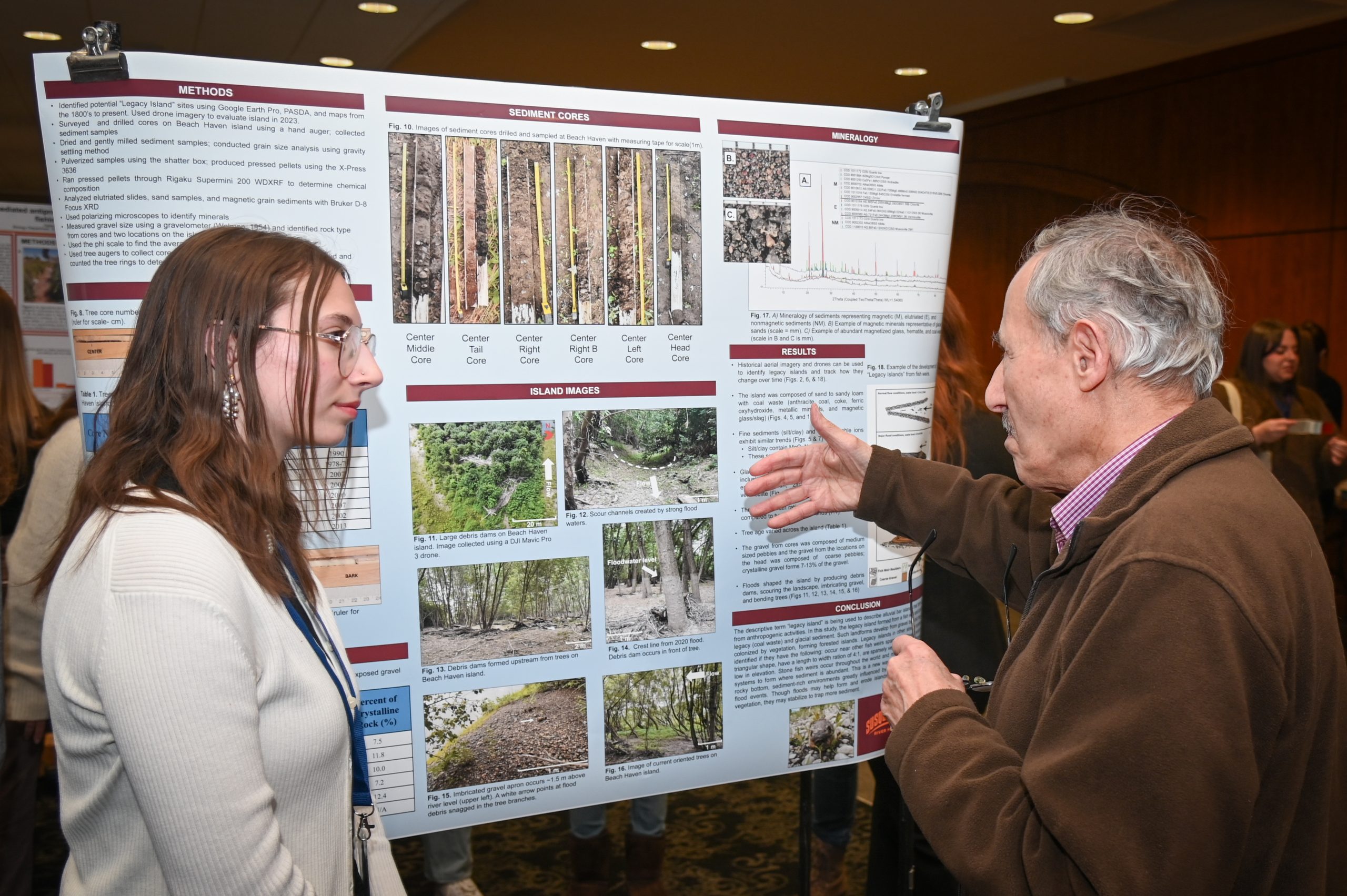 People standing around an academic poster, one presenting and several listening.